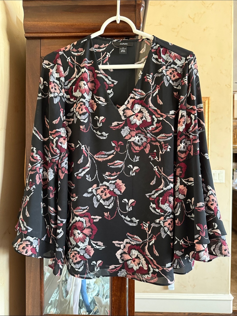 Alfani Black Floral V-Neck Bell Sleeve Top with Pink and Cream Blooms. Size 2